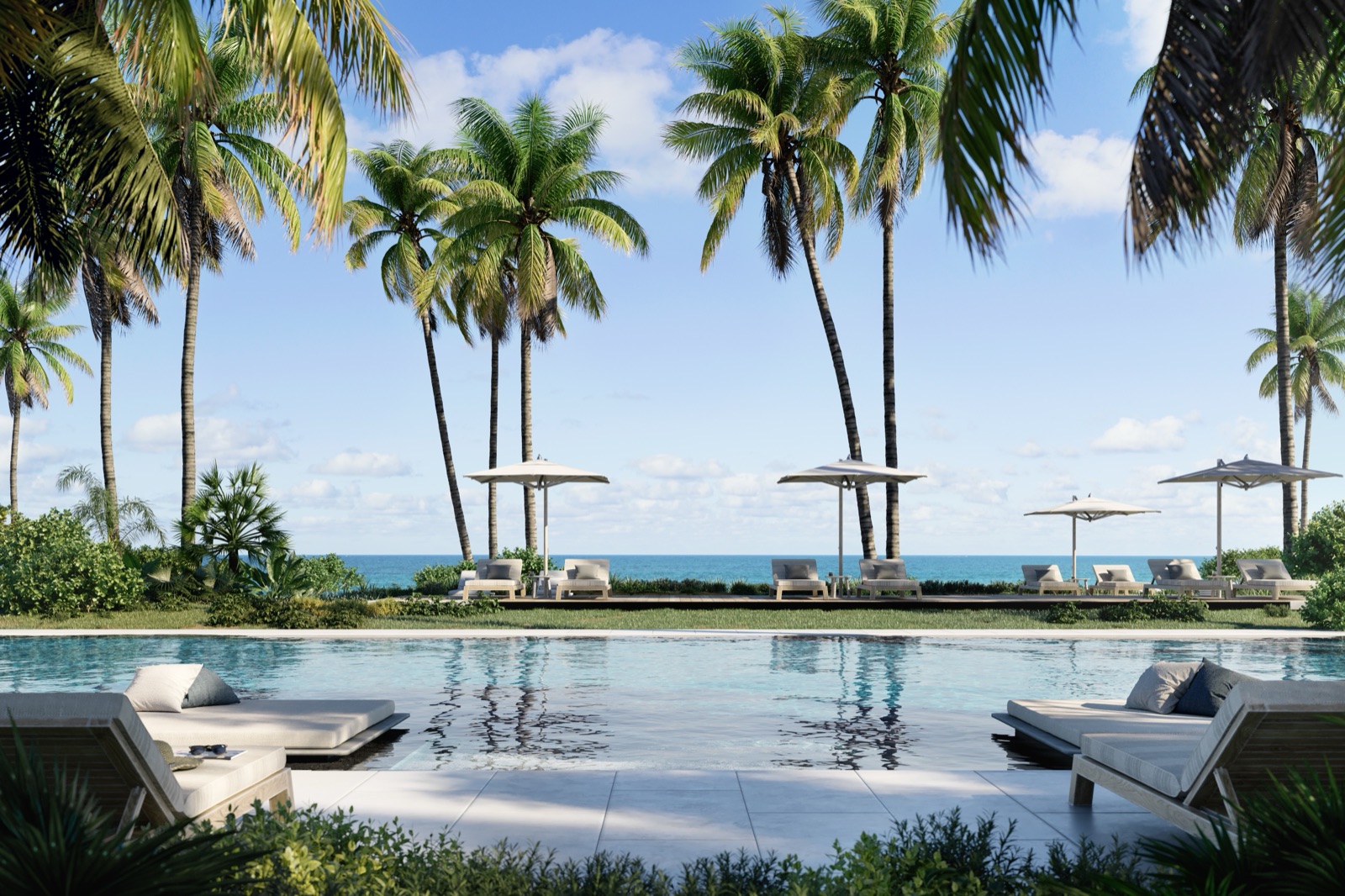 The Perigon Miami Beach beachside pool with cabanas, sunbeds, and direct entry to the dedicated beach.